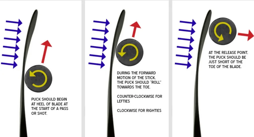 The image displays three diagrams illustrating proper puck handling on a hockey stick: starting at the heel, rolling towards the toe during motion, and releasing just before the toe. Directional instructions specify movements for left and right-handed players.